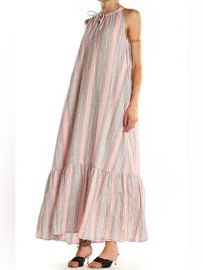 Nine West Linen Blend Maxi Dress Striped Tiered Tie Neck Peasant Size XXL